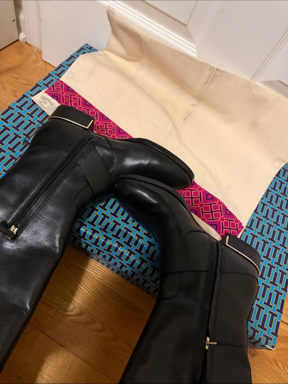 Tory Burch Black Tall Leather Riding Boots with Gold Buckle